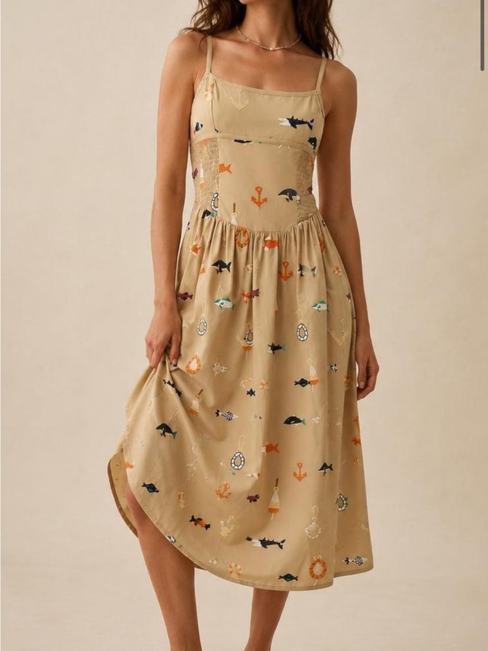 Maeve Anthropologie Beige Nautical-Print Midi Dress